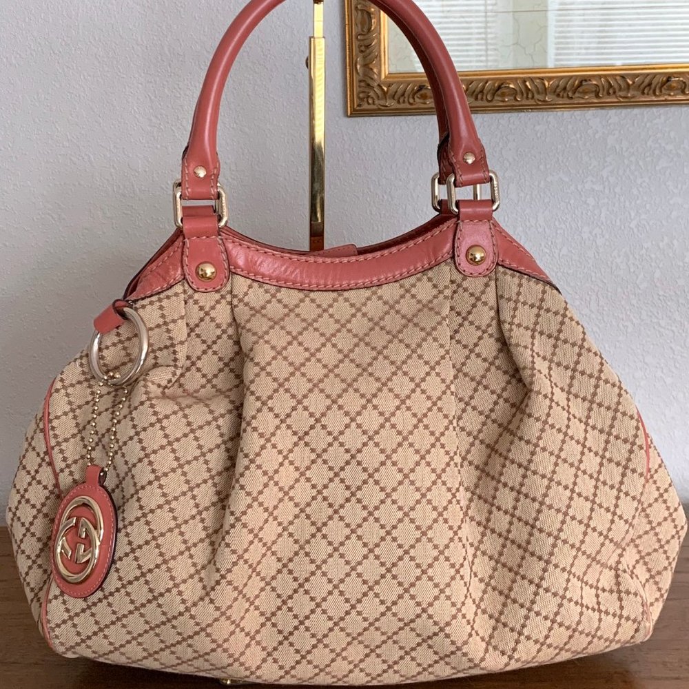 Gucci Sukey Diamante Beige Mauve Taupe Leather Shoulder Bag Hobo Handb…